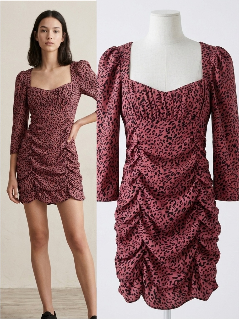 ZARA Marsala Leopard Ruched Puff Sleeve Bodycon Mini Dress Blogger Favorite Sz L